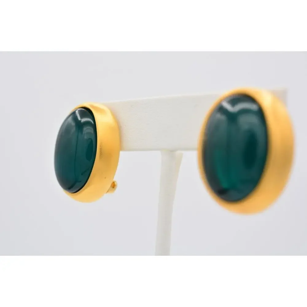 Givenchy Vintage Cabochon Clip On Earrings Teal Brushed Gold Chunky Signed BinAY - Picture 3 of 12
